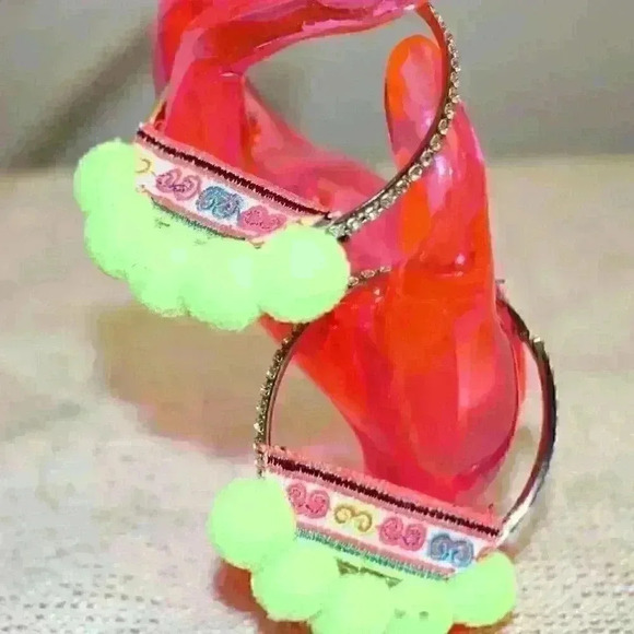 Large BOHO Hoop Earrings With Neon Pom Poms, Fabric, and Rhinestones - Picture 1 of 4